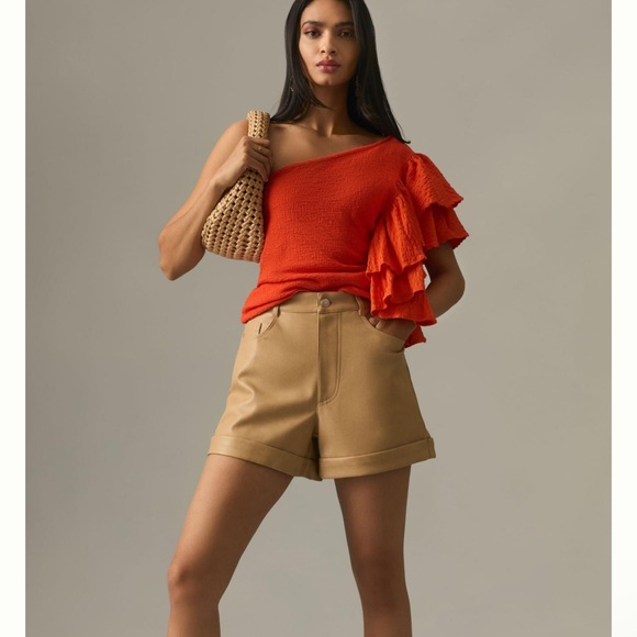 NWT By Anthropologie One Shoulder Ruffle Top Orange in Sz L - Picture 2 of 10